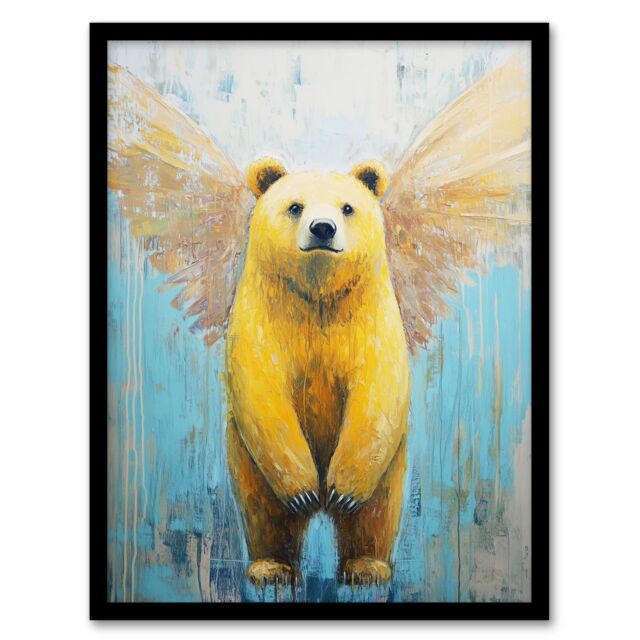 Artery8 Cute Yellow Bear With Angel Wings Oil Painting Framed Art Print - Size: A4 - image 1