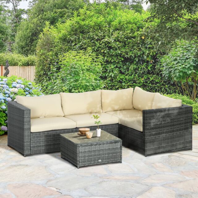 OUTSUNNY 3 Pcs Rattan Corner Sofa Set Coffee Table Garden Furniture w/ Cushion in Beige - image 1