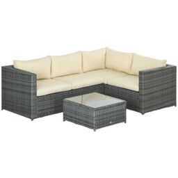OUTSUNNY 3 Pcs Rattan Corner Sofa Set Coffee Table Garden Furniture w/ Cushion in Beige - thumbnail 2
