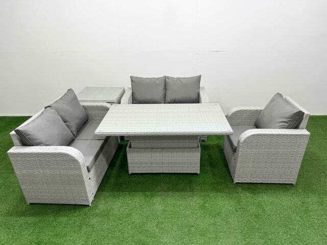 Fimous High Back Poly Rattan Garden Furniture Set w/ Reclining Chair Loveseat Sofa Adjustable Lifting Dining or Coffee Table Indoor Outdoor Patio Set - image 1