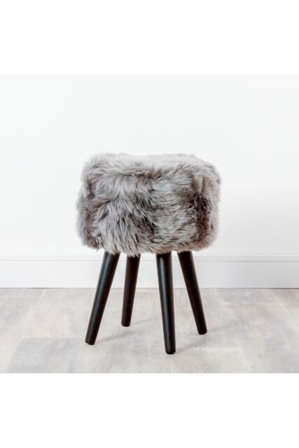 Native Natural Sheepskin Wood Stool - Black Legs in Grey - image 1