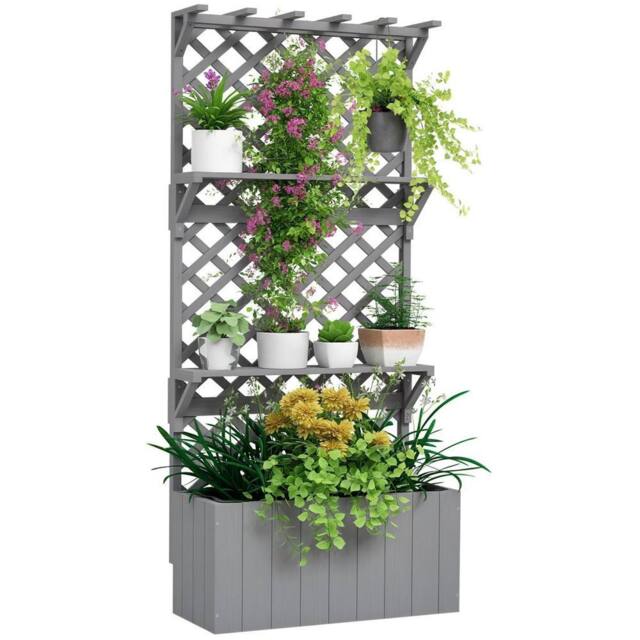 Kelvenix Wooden Raised Planter with Trellis & 2 Shelves, Grey - Size: 100g - image 1