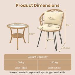 Costway 3 PCS PE Wicker Patio Bistro Set Outdoor Conversation Set w/ Cushions - thumbnail 2