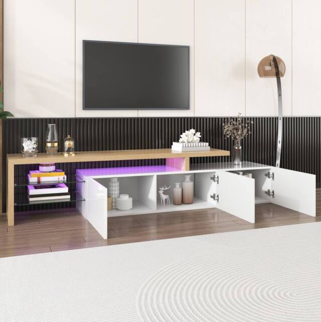 STILVORA TV Cabinet with Glass Shelves & LED Lighting in White - image 1