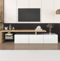 STILVORA TV Cabinet with Glass Shelves & LED Lighting in White - thumbnail 7