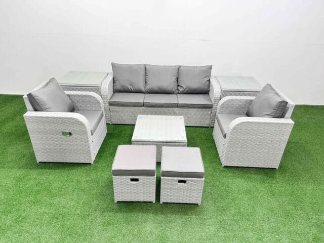 Fimous PE Rattan Garden Furniture Set Reclining Chair Sofa Lounge Sofa Set Square Coffee Table 2 Side Table 2 Small Stools Light Grey - image 1