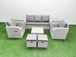 Fimous PE Rattan Garden Furniture Set Reclining Chair Sofa Lounge Sofa Set Square Coffee Table 2 Side Table 2 Small Stools Light Grey - thumbnail 2