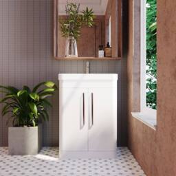 Balterley Wave 600mm Floor Standing 2 Door Vanity Unit with Basin - Gloss White - thumbnail 2