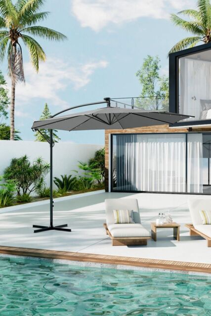Garden Sanctuary Large 32 LED Lights Cantilever Garden Parasol with Cross Base in Light Grey - image 1