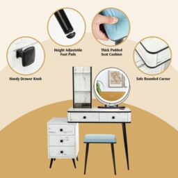 Gymax Dressing Table With Stool Set With 3-Color Lighted Mirror & 3 Drawers in White - thumbnail 5