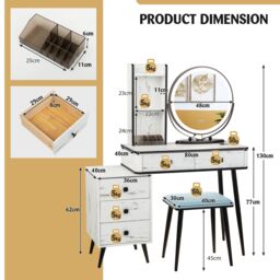 Gymax Dressing Table With Stool Set With 3-Color Lighted Mirror & 3 Drawers in White - thumbnail 2