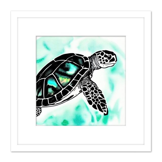Artery8 Swimming Sea Turtle Black Silhouette Ocean Green Watercolour Painting Square Wooden Framed Wall Art Print Picture 8X8 Inch in White - image 1