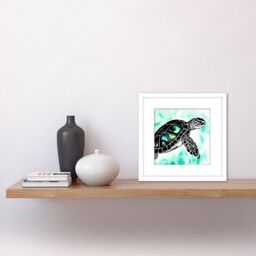 Artery8 Swimming Sea Turtle Black Silhouette Ocean Green Watercolour Painting Square Wooden Framed Wall Art Print Picture 8X8 Inch in White - thumbnail 2