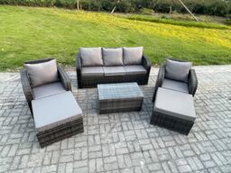Fimous Wicker PE Rattan Garden Furniture Set 7 Seater Outdoor Lounge Sofa Set with Coffee Table 2 Big Footstool Dark Grey Mixed - thumbnail 2