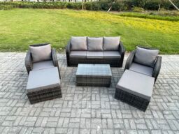 Fimous Wicker PE Rattan Garden Furniture Set 7 Seater Outdoor Lounge Sofa Set with Coffee Table 2 Big Footstool Dark Grey Mixed - thumbnail 1