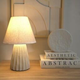 ValueLights Saskia Natural Textured Ceramic Table Lamp with Linen Tapered Lamp Shade in Cream