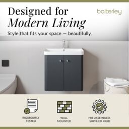 Balterley Wall Hung 2 Door Vanity Unit with Ceramic Sink Dark Grey 600mm - thumbnail 3