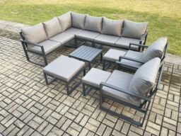 Fimous 11 Seater Outdoor Lounge Corner Sofa Set Aluminum Garden Furniture Sets with Square Coffee Table 2 Chairs 3 Footstools Dark Grey - thumbnail 2