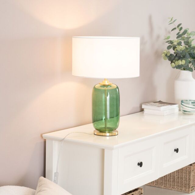 ValueLights Leigh Fabric Drum Shade with Forest Green Glass & Gold Trim Table Lamp in White - image 1