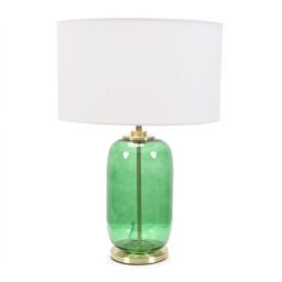 ValueLights Leigh Fabric Drum Shade with Forest Green Glass & Gold Trim Table Lamp in White - thumbnail 2