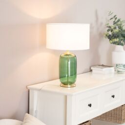 ValueLights Leigh Fabric Drum Shade with Forest Green Glass & Gold Trim Table Lamp in White - thumbnail 1