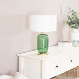 ValueLights Leigh Fabric Drum Shade with Forest Green Glass & Gold Trim Table Lamp in White - thumbnail 3