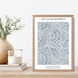 ARTZE William Morris Larkspur in Blue Art Print / Oak Frame / SIZE: A2 in Mid Blue - Size: A3