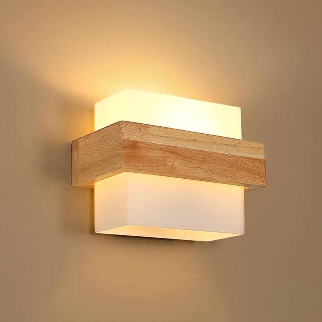 Goeco Indoor Wall Light Wood, E27, Glass Lampshade, Creative Square Design in Brown - image 1