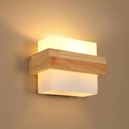 Goeco Indoor Wall Light Wood, E27, Glass Lampshade, Creative Square Design in Brown