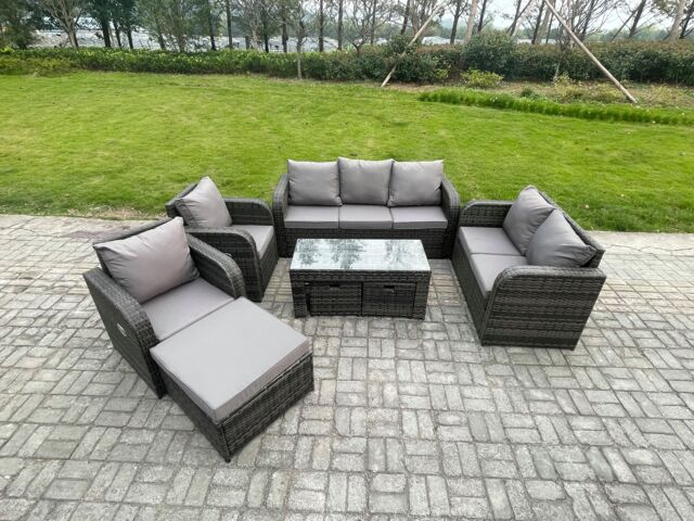 Fimous Outdoor Rattan Garden Furniture Set Rattan Lounge Sofa Set with Rectangular Coffee Table 3 Footstools Dark Grey Mixed - image 1