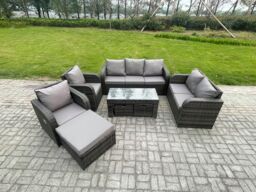 Fimous Outdoor Rattan Garden Furniture Set Rattan Lounge Sofa Set with Rectangular Coffee Table 3 Footstools Dark Grey Mixed - thumbnail 1