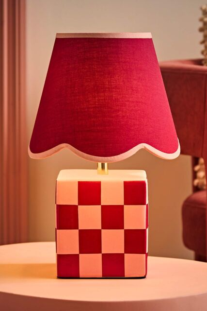 ValueLights Evie Check Cube Table Lamp with Trim Linen Scallop Lamp Shade & Bulb in Burgundy - image 1