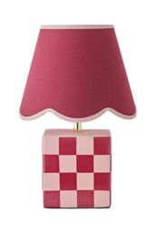 ValueLights Evie Check Cube Table Lamp with Trim Linen Scallop Lamp Shade & Bulb in Burgundy - thumbnail 6