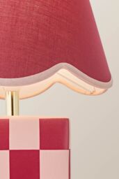 ValueLights Evie Check Cube Table Lamp with Trim Linen Scallop Lamp Shade & Bulb in Burgundy - thumbnail 4