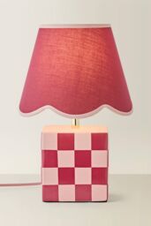 ValueLights Evie Check Cube Table Lamp with Trim Linen Scallop Lamp Shade & Bulb in Burgundy - thumbnail 3