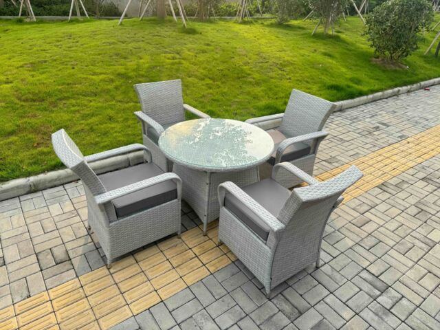 Fimous Rattan Furniture Set with 1 Medium Round Coffee Table &4 Seater Chairs in Light Grey
