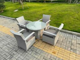 Fimous Rattan Furniture Set with 1 Medium Round Coffee Table &4 Seater Chairs in Light Grey - thumbnail 2