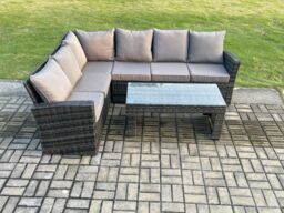 Fimous 6 Seat Rattan Garden Furniture Corner Sofa Set Outdoor Patio Sofa Table Set Dark Grey Mixed - thumbnail 2