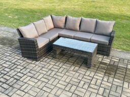 Fimous 6 Seat Rattan Garden Furniture Corner Sofa Set Outdoor Patio Sofa Table Set Dark Grey Mixed - thumbnail 1