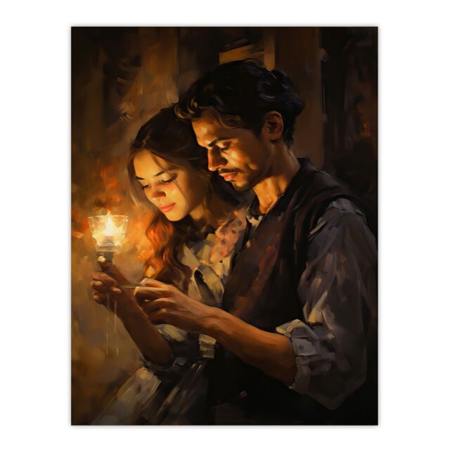 "Artery8 Wall Art Print La Boheme Young Couple Candlelight Scene Oil Painting Poster in Brown - Size: W18"" x H24""" - image 1