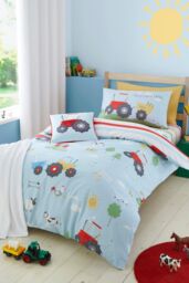 Bedlam 'Farmyard Friends' Striped Print 28cm Fitted Bed Sheet in Blue - Size: Single Fitted - thumbnail 3