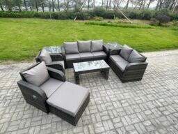 Fimous Outdoor Rattan Garden Furniture Set Rattan Lounge Sofa Set with Rectangular Coffee Table 2 Side Tables Big Footstool Dark Grey Mixed - thumbnail 2
