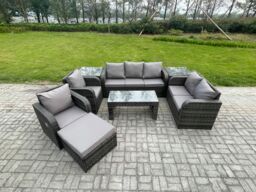 Fimous Outdoor Rattan Garden Furniture Set Rattan Lounge Sofa Set with Rectangular Coffee Table 2 Side Tables Big Footstool Dark Grey Mixed - thumbnail 1