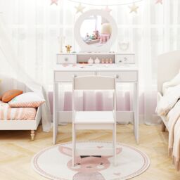 Costway Vanity Set Princess Makeup Dressing Desk & Chair w/ Mirror in White - thumbnail 6