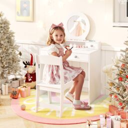 Costway Vanity Set Princess Makeup Dressing Desk & Chair w/ Mirror in White - thumbnail 4