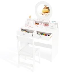 Costway Vanity Set Princess Makeup Dressing Desk & Chair w/ Mirror in White - thumbnail 1