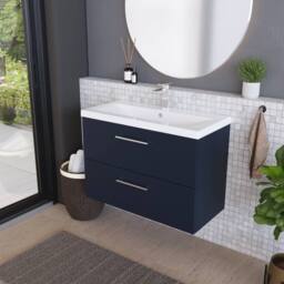 Balterley Contemporary Bathroom Wall Hung 2 Soft-Close Drawer Vanity Unit & Mid-Edge Ceramic Basin, Midnight Blue, 800 mm in Blue - thumbnail 4