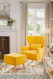 Living and Home Yellow Brushed Fabric Stripe Curved Backrest Armchair with Footstool & Cushion - thumbnail 2