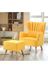 Living and Home Yellow Brushed Fabric Stripe Curved Backrest Armchair with Footstool & Cushion - thumbnail 3