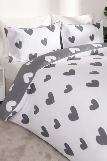 OHS Love Heart Decorative Printed Duvet Cover Set with Pillowcase in Charcoal - Size: Double - image 1